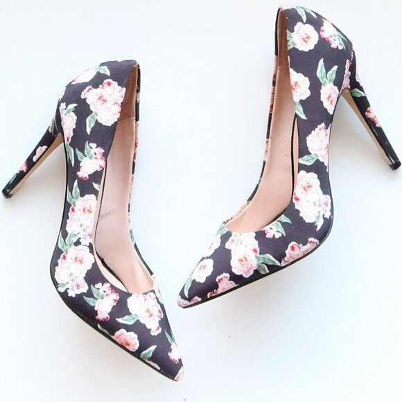Aldo Shoes - Aldo Black & Pink Floral Canvas Pointy Toe Heels Pumps Formal Dress Shoes 7.5